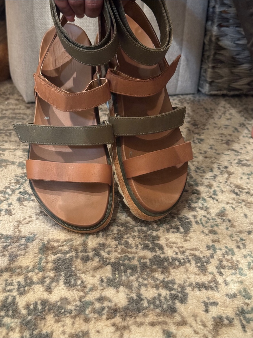 Sorel Two-Tone Olive and Tan Strappy Platform Sandals - Picture 5 of 7